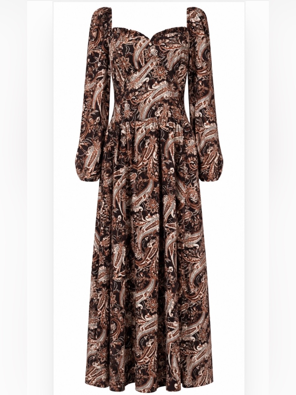 Brown Paisley Modest Maxi Dress Boho Long Sleeve Sweetheart Neck Cottagecore L